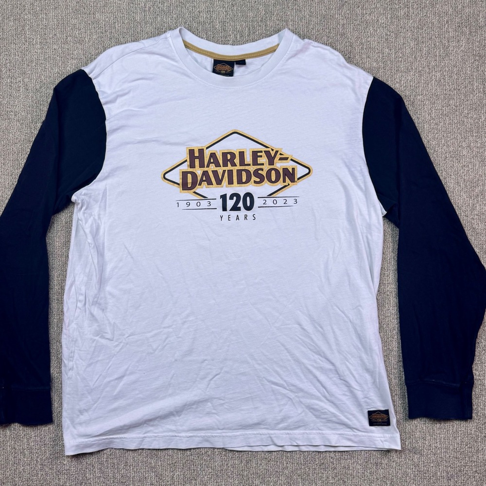 Harley Davidson 120th Anniversary Long Sleeve Shirt XL Black‎ White Logo Tee